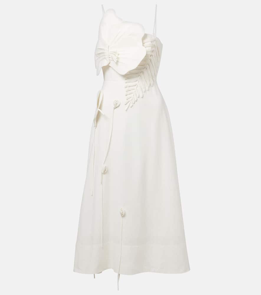 Floral-appliqué linen-blend midi dress