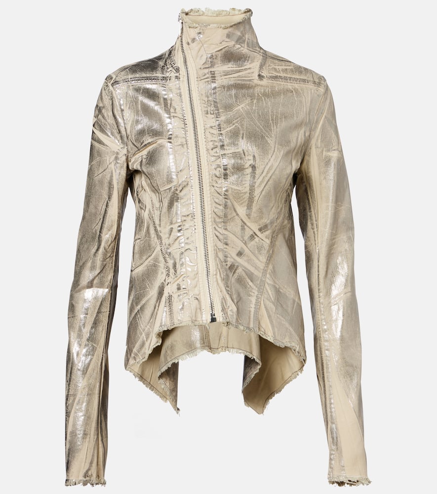Rick Owens Naska Gary Distressed Coated Denim Jacket In Gold