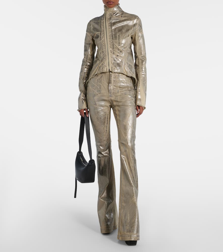 Rick Owens Naska Gary Distressed Coated Denim Jacket In Gold