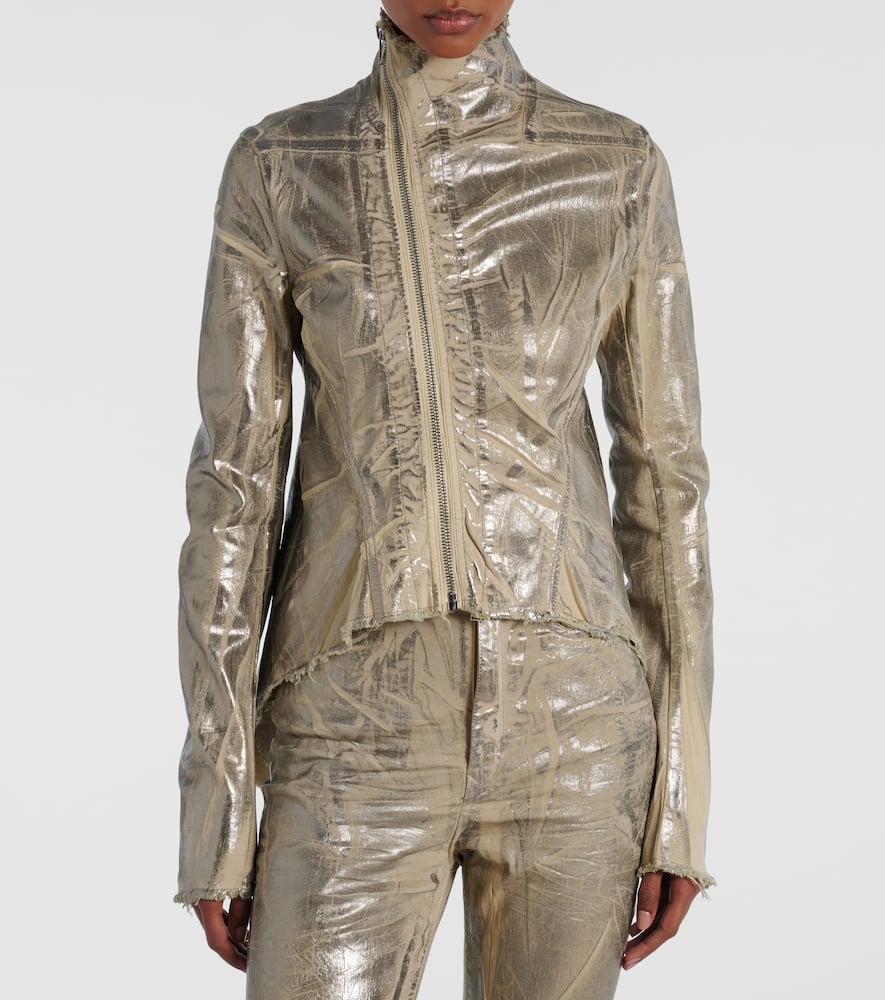 Rick Owens Naska Gary Distressed Coated Denim Jacket In Gold