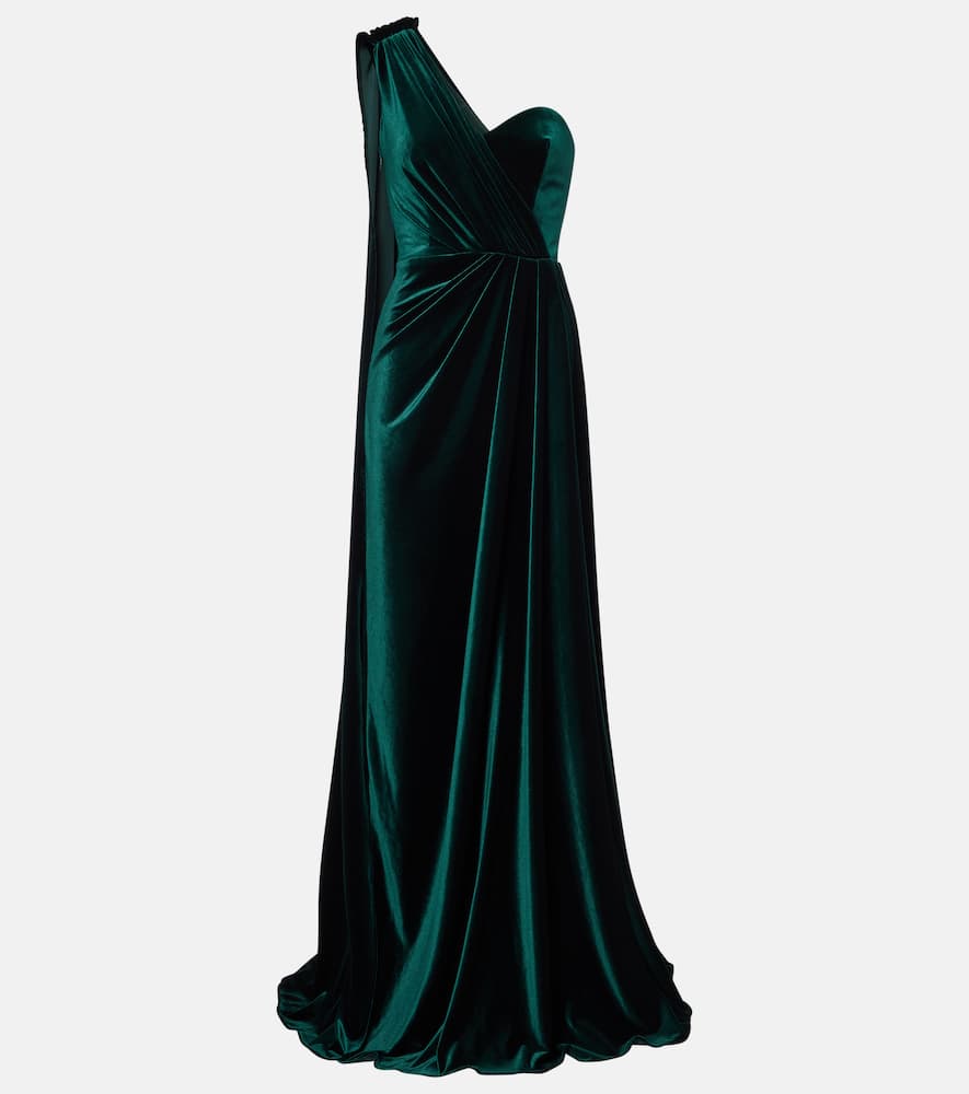 Monique Lhuillier One-shoulder Velvet Gown In Green