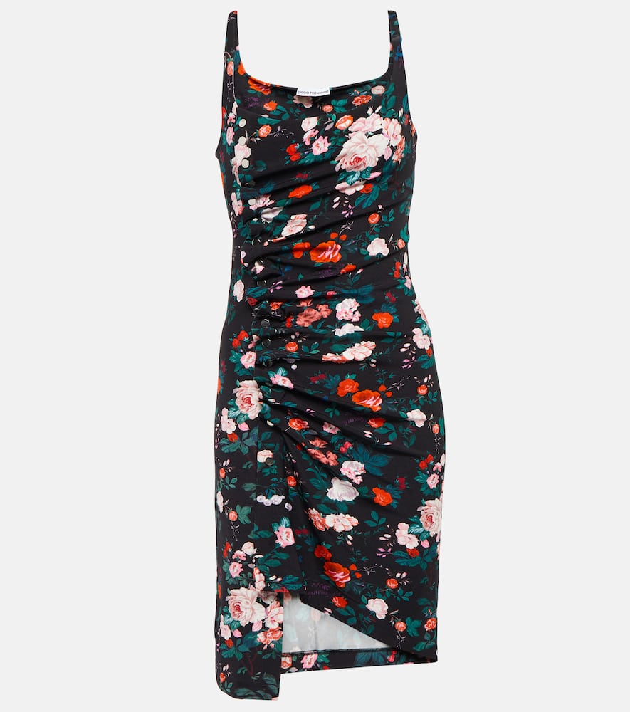 Rabanne Floral Ruched Jersey Minidress In Black Rose Garden