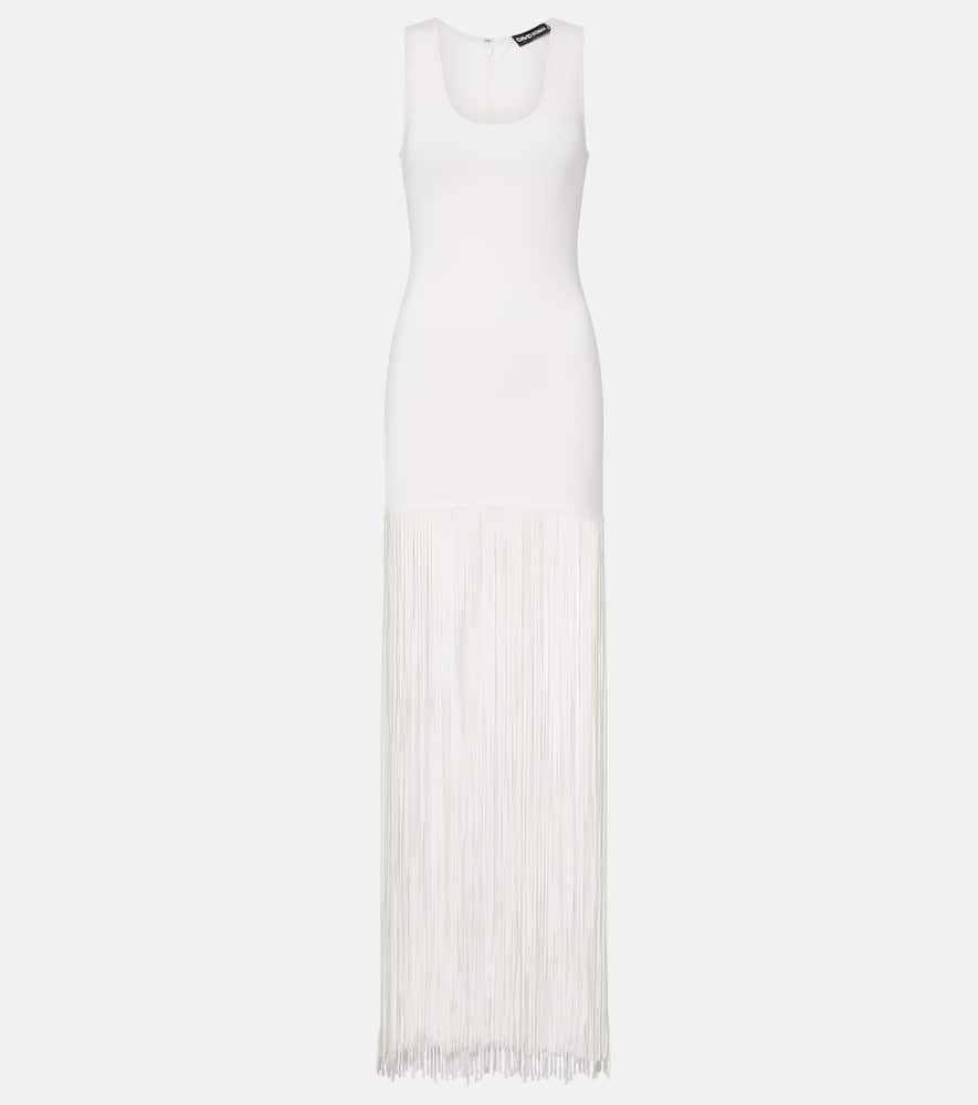 David Koma Fringed Ribbed-knit Maxi Dress In White