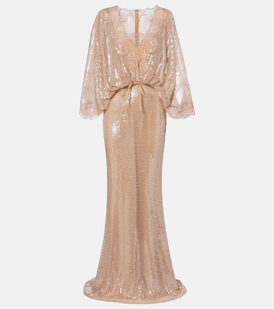 Elie Saab Lace-trimmed sequined mesh gown