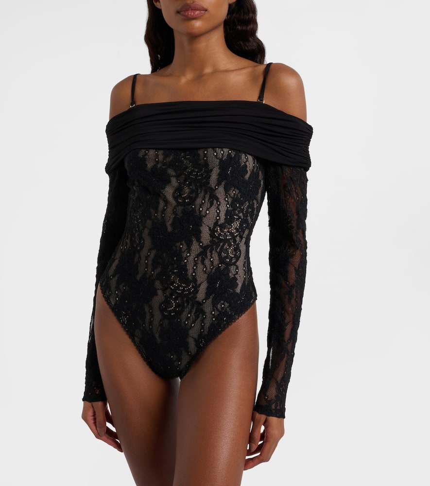 Zimmermann Off-the-shoulder Ruched Jersey And Stretch-lace Bodysuit In Black