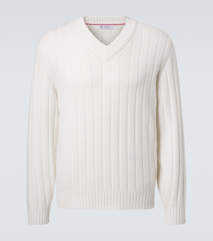 Brunello Cucinelli Men's White Ribbed-Knit Cashmere Sweater UK Size 42 - Mytheresa