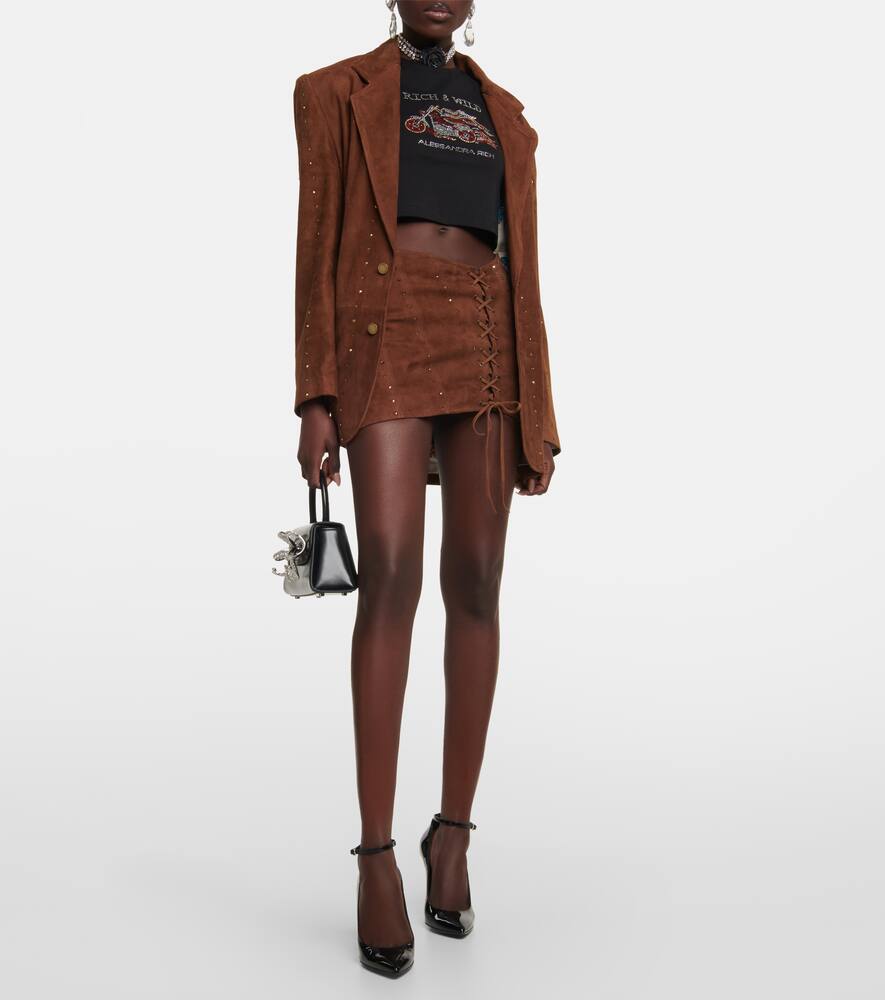 Shop Alessandra Rich Crystal-embellished Suede Miniskirt In Light Brown