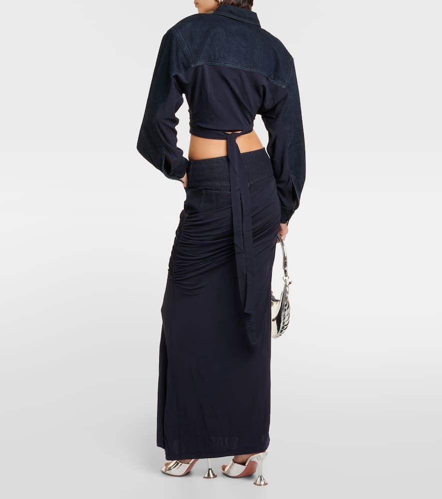 Shop Christopher Esber Ruched Denim Maxi Skirt In Blue