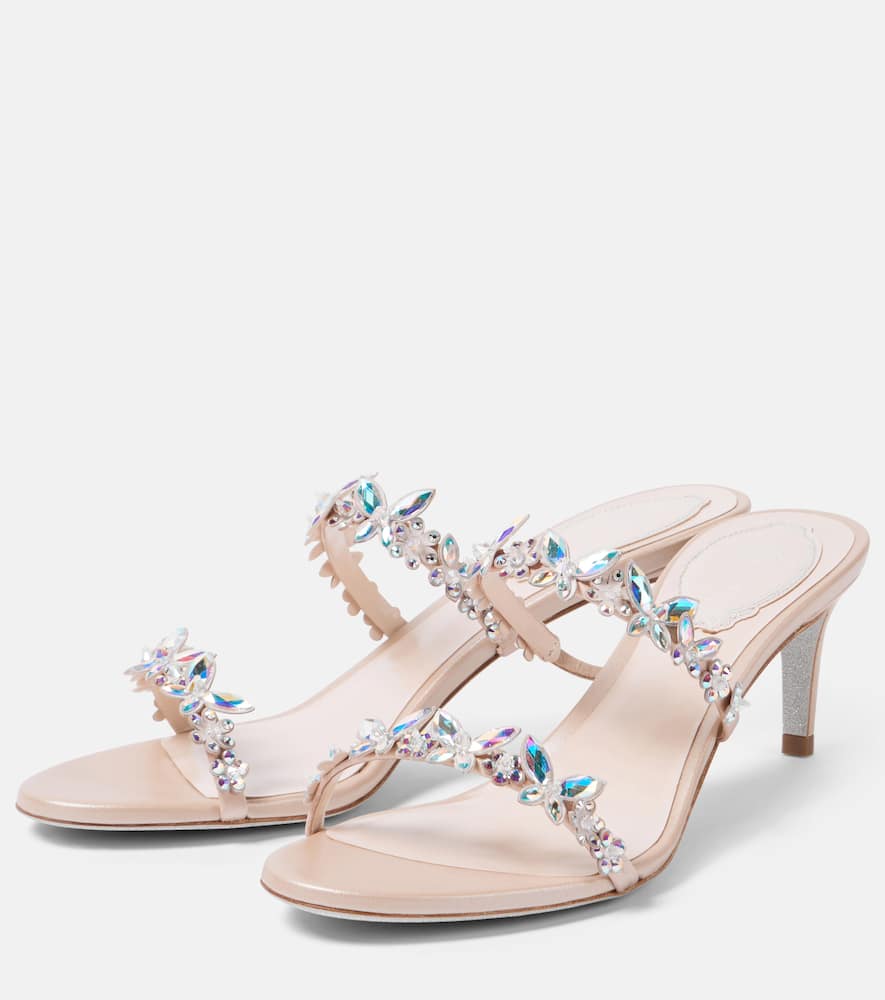René Caovilla Eden Slider 60 Embellished Satin Sandals In Beige
