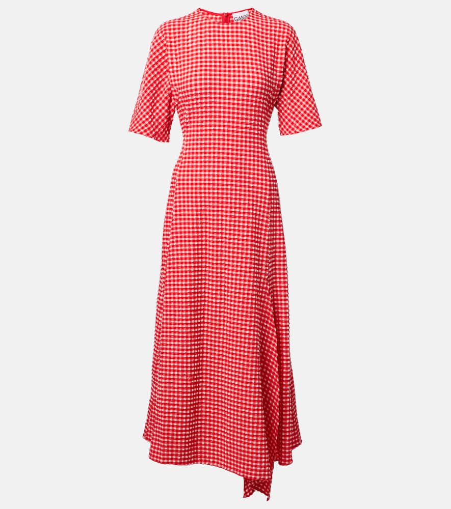 Ganni Asymmetric Gingham Recycled-seersucker Midi Dress In Red