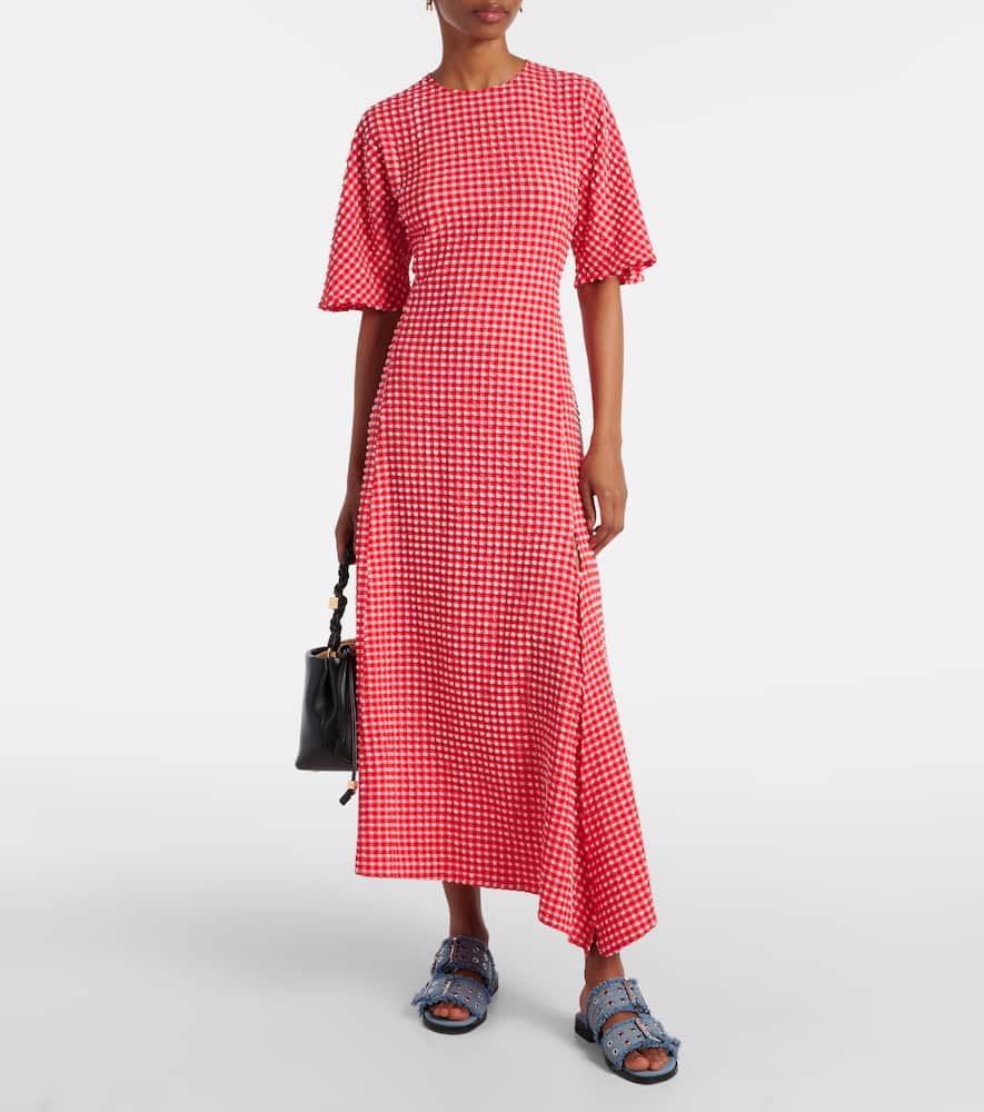 Ganni Asymmetric Gingham Recycled-seersucker Midi Dress In Red