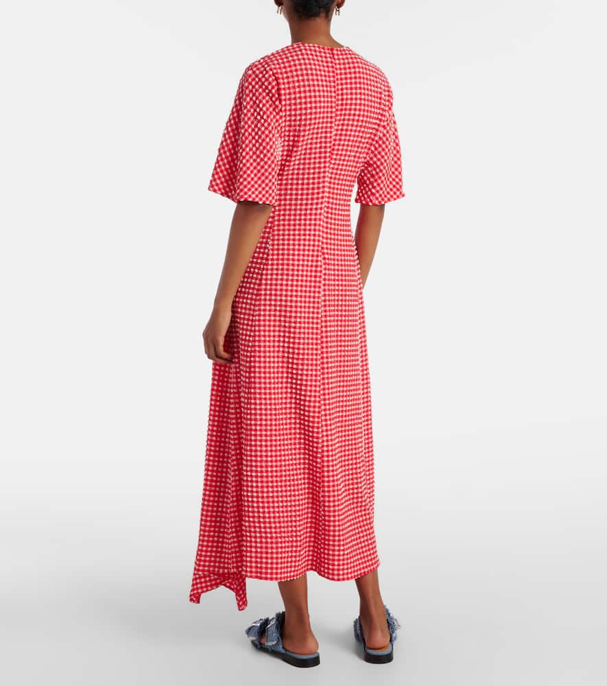 Ganni Asymmetric Gingham Recycled-seersucker Midi Dress In Red