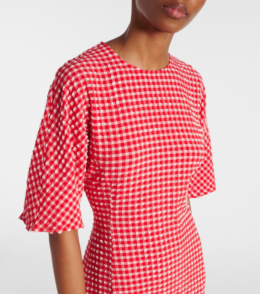 Ganni Asymmetric Gingham Recycled-seersucker Midi Dress In Red