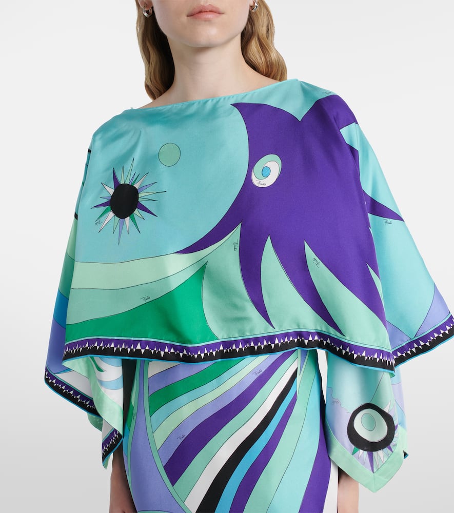 Pucci Iride Print Long Silk Dress With Cape