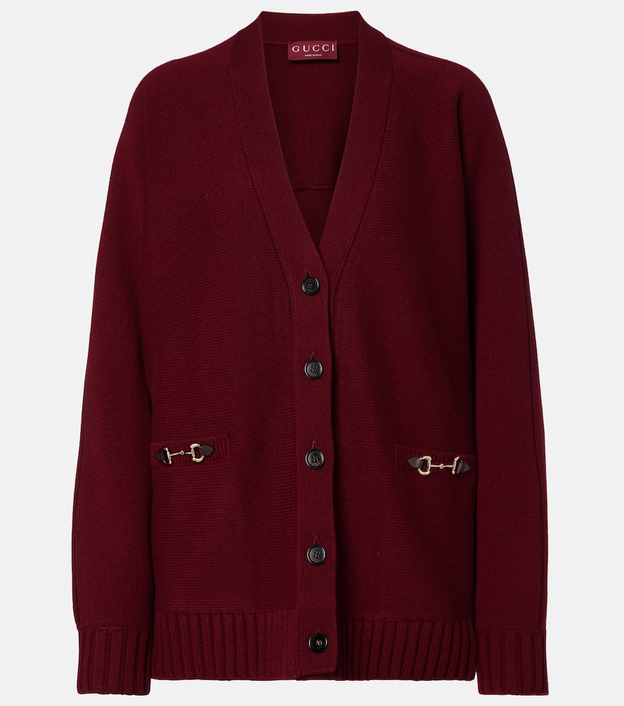 Gucci Bordeaux V-neck Cardigan With Metal Clamps On The Front In Wool And Cashmere Blend Woman In Burgundy