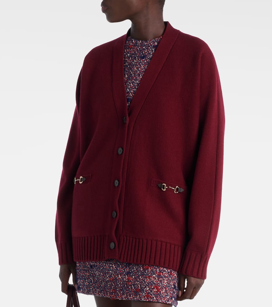 Gucci Bordeaux V-neck Cardigan With Metal Clamps On The Front In Wool And Cashmere Blend Woman In Burgundy
