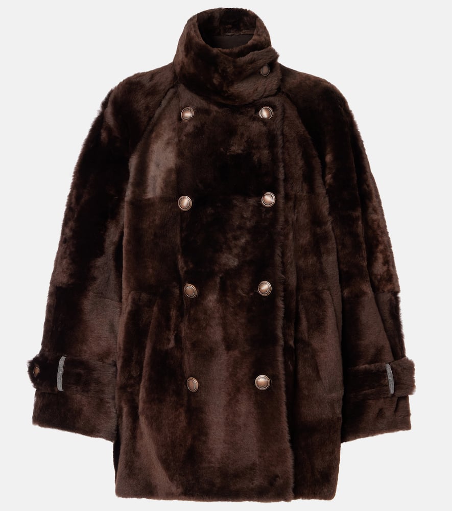 Brunello Cucinelli Leather Double-breasted Jacket High Collar In Brown