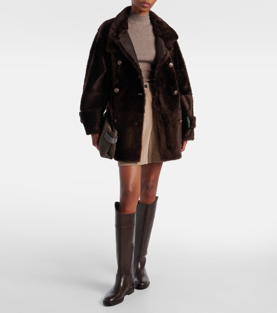 Brunello Cucinelli Leather Double-breasted Jacket High Collar In Brown