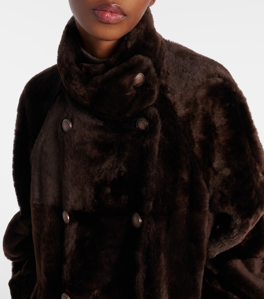 Brunello Cucinelli Leather Double-breasted Jacket High Collar In Brown