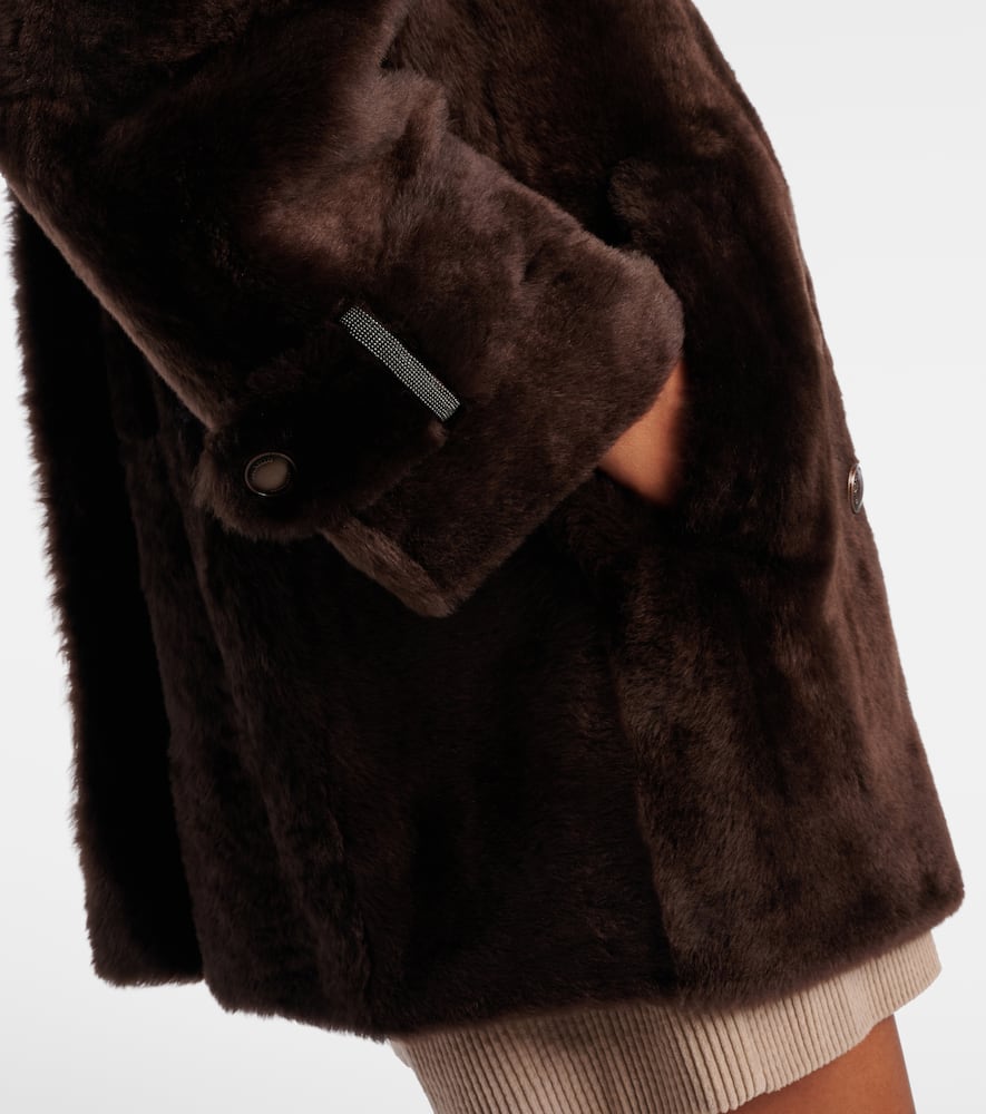 Brunello Cucinelli Leather Double-breasted Jacket High Collar In Brown