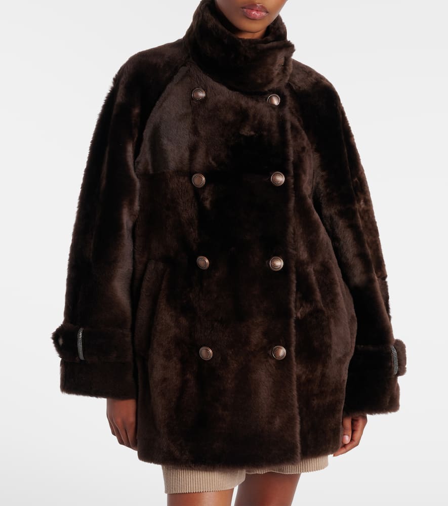 Brunello Cucinelli Leather Double-breasted Jacket High Collar In Brown