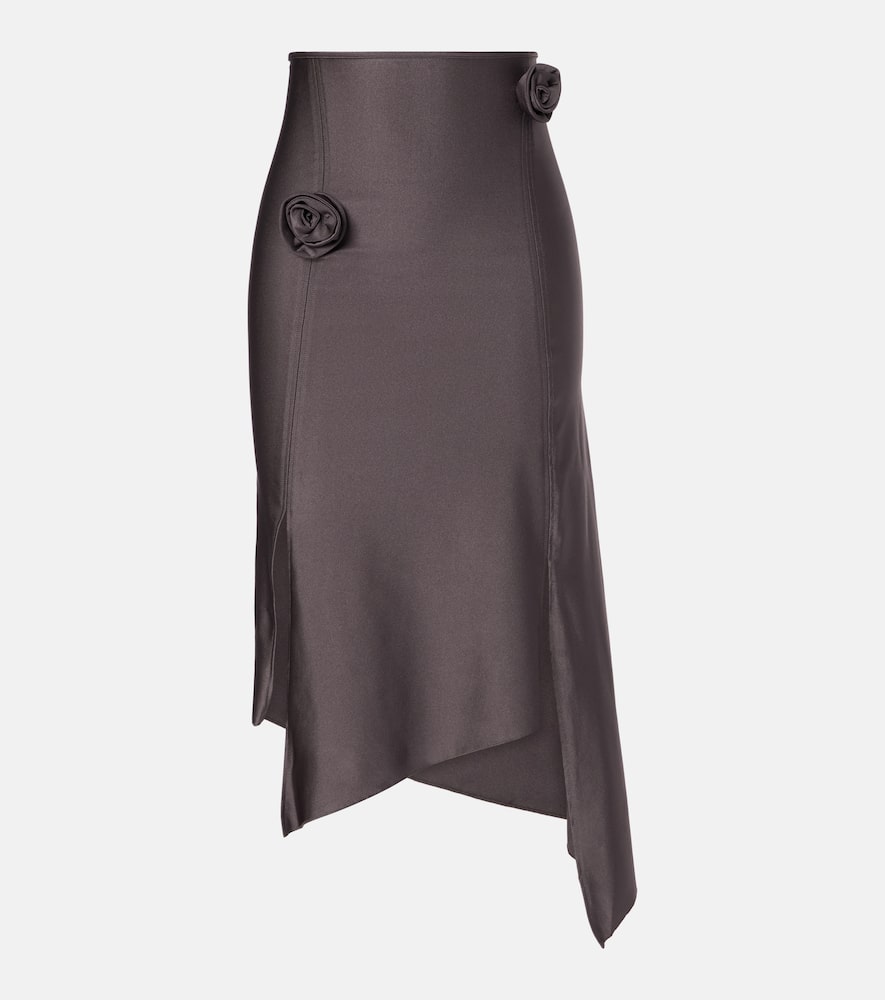 Floral-appliqué satin midi skirt