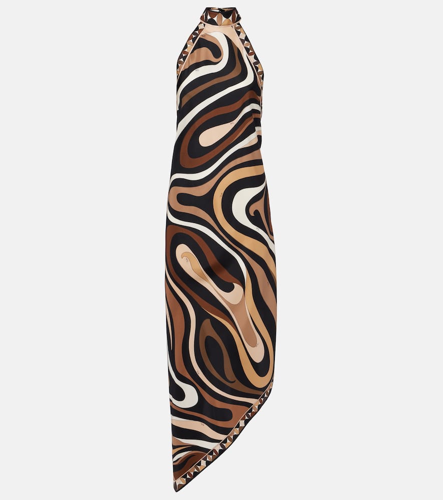 Pucci Marmo Halterneck Silk Satin Midi Dress In Brown