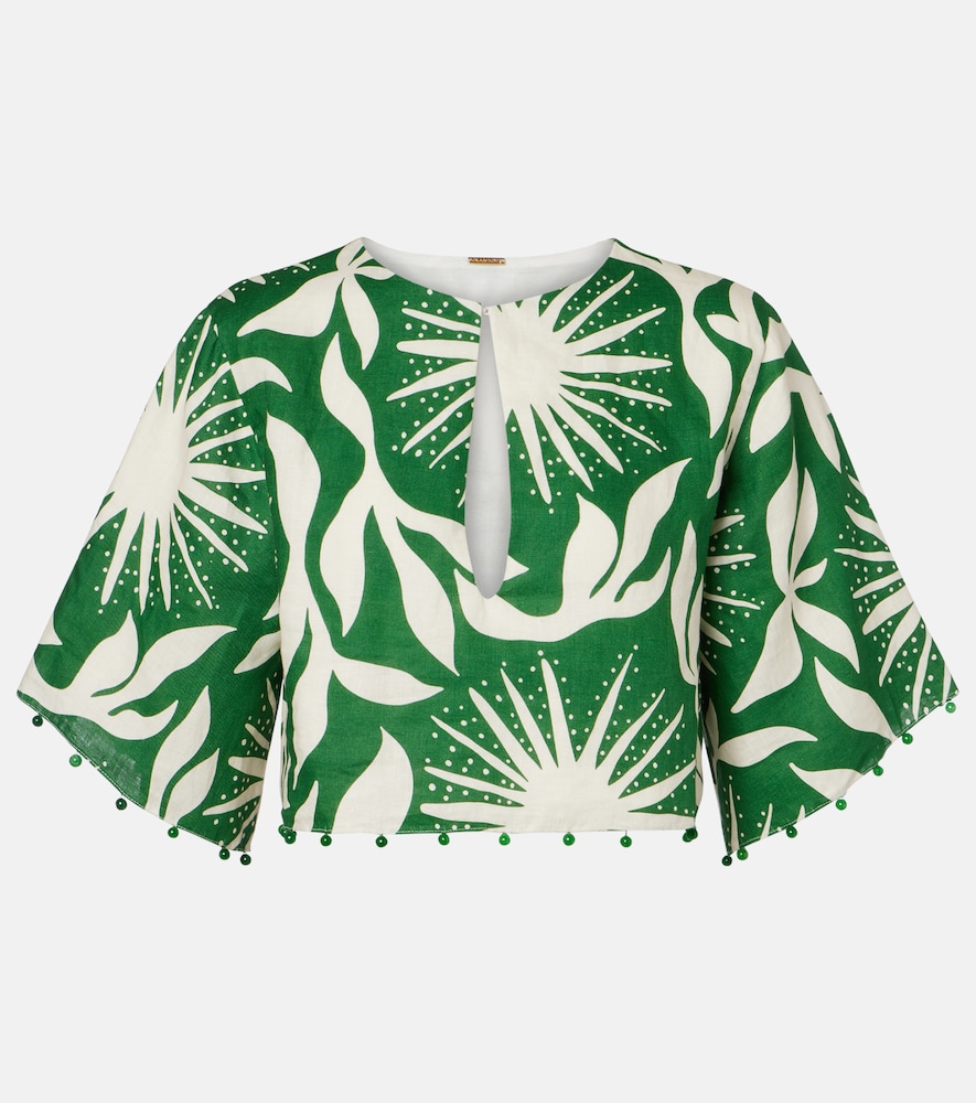 Cala de la Cruz Iris beaded printed linen crop top