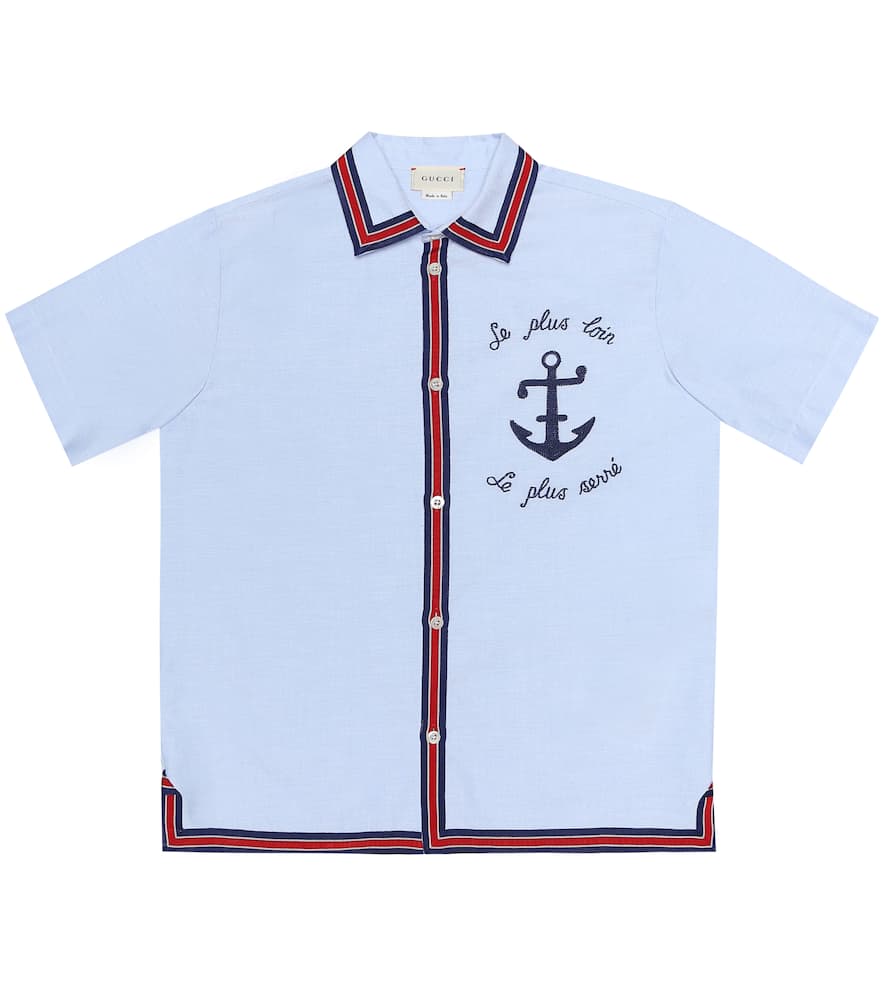 Click to view more detailed imagery on our partner's website Gucci Kids' Anchor Embroidered Button-down Shirt W/ Ribbon Trim In Blue