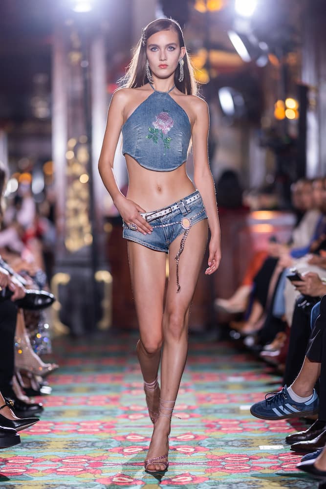ALESSANDRA RICH CRYSTAL-EMBELLISHED DENIM SHORTS