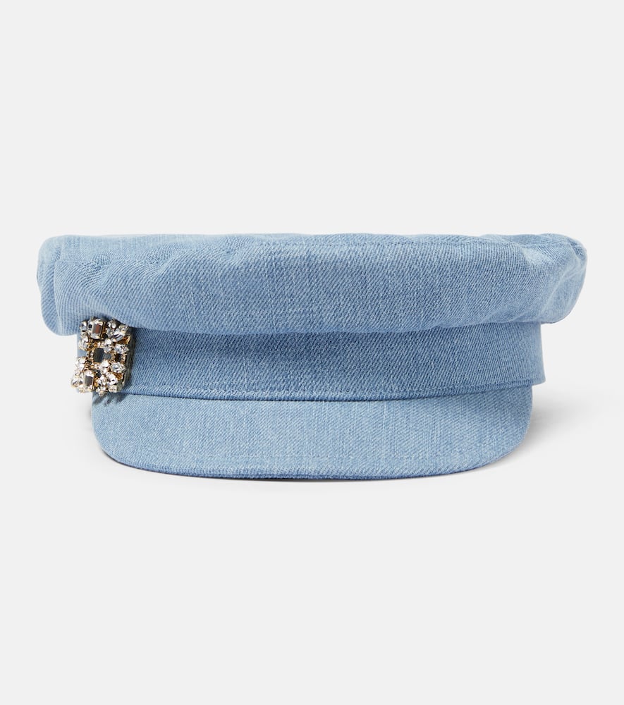 Shop Roger Vivier Broche Vivier Denim Flat Cap In Blue