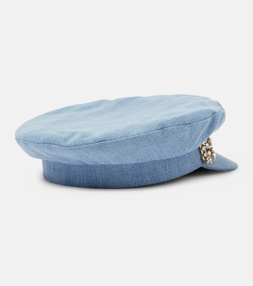 Shop Roger Vivier Broche Vivier Denim Flat Cap In Blue