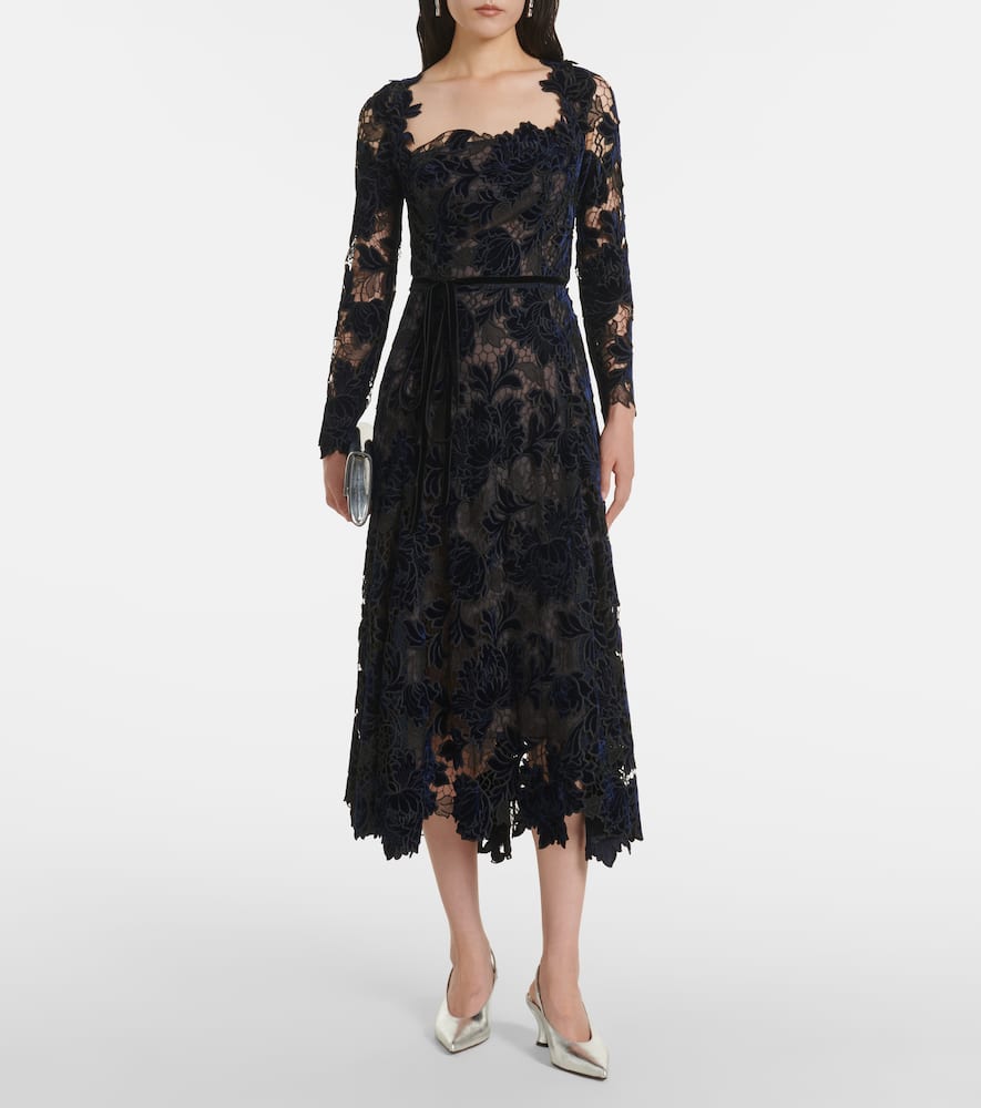 Shop Oscar De La Renta Velvet Guipure Lace Midi Dress In Blue