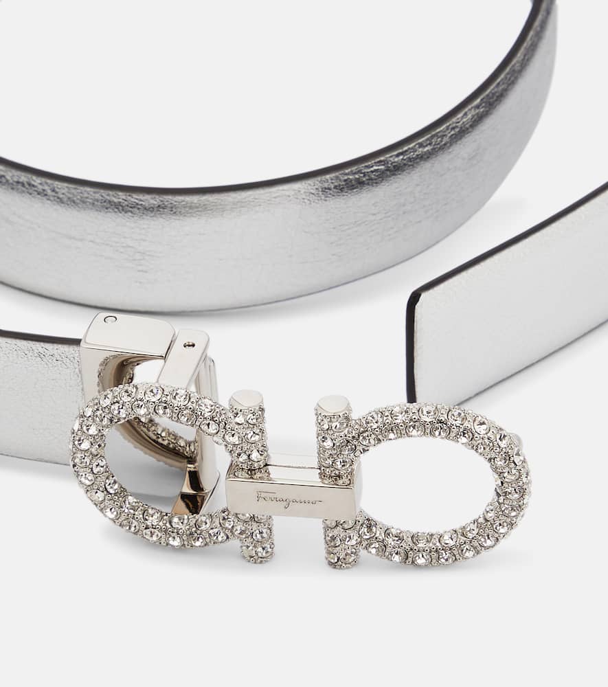Ferragamo Reversible Gancini Crystal-embellished Metallic Leather Belt In Argento