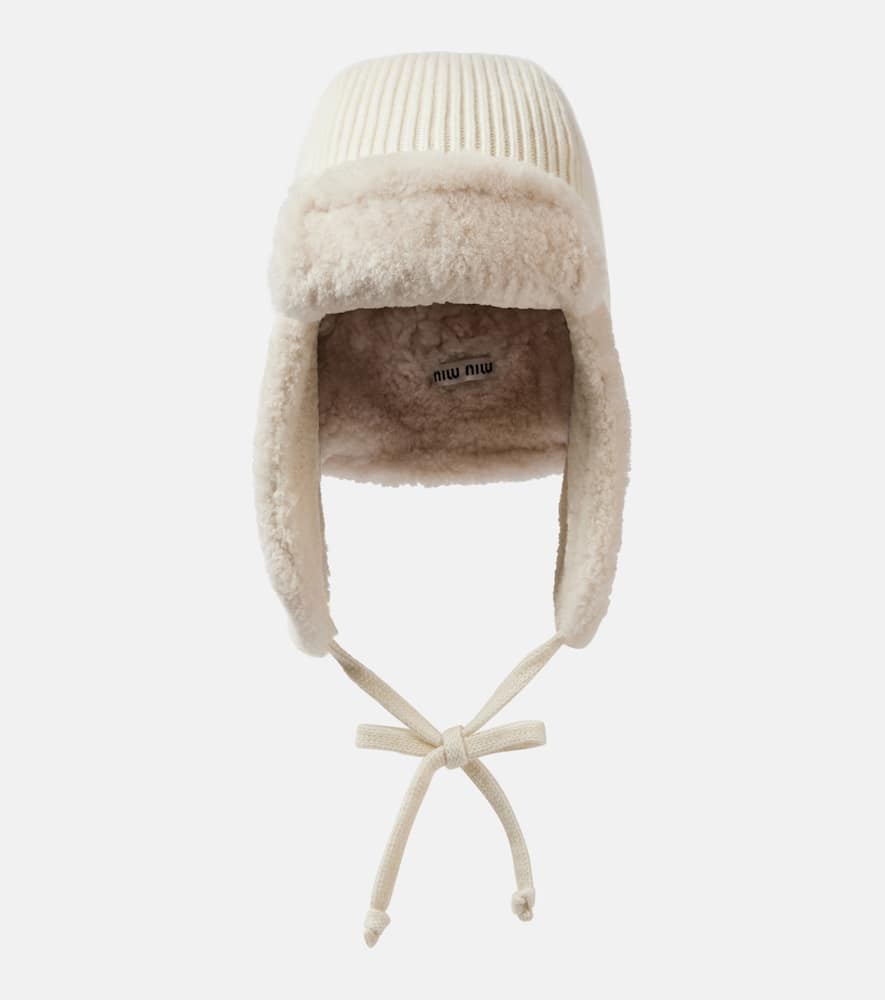 Miu Miu Shearling-trimmed Wool And Cashmere Hat In White