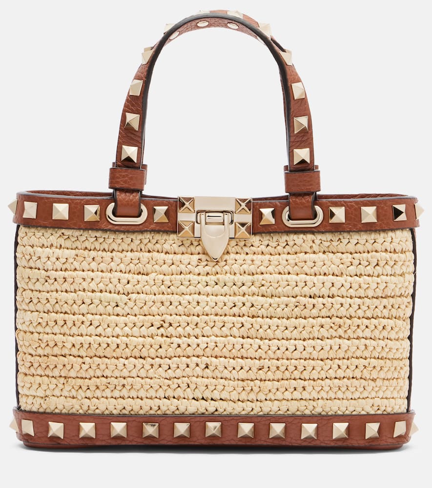 Valentino Garavani Rockstud Mini Raffia Tote Bag In Sand