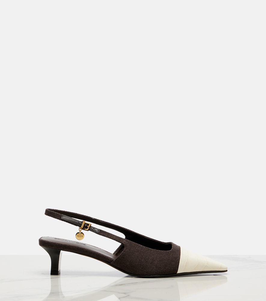  Tod's Tod's Leather-trimmed Canvas Slingback Pumps 
