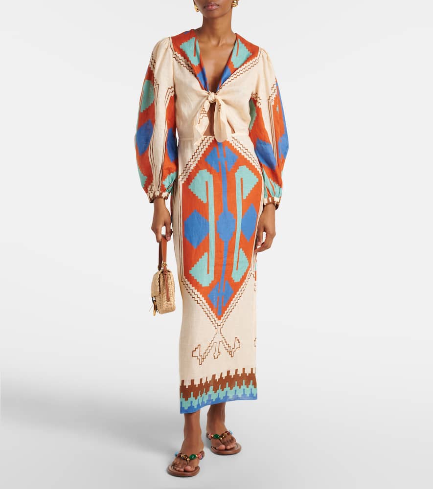 Johanna Ortiz Sailing Flags Ankle Dress Ayahuasca/ecru/blue/orange/brown In Orabrown