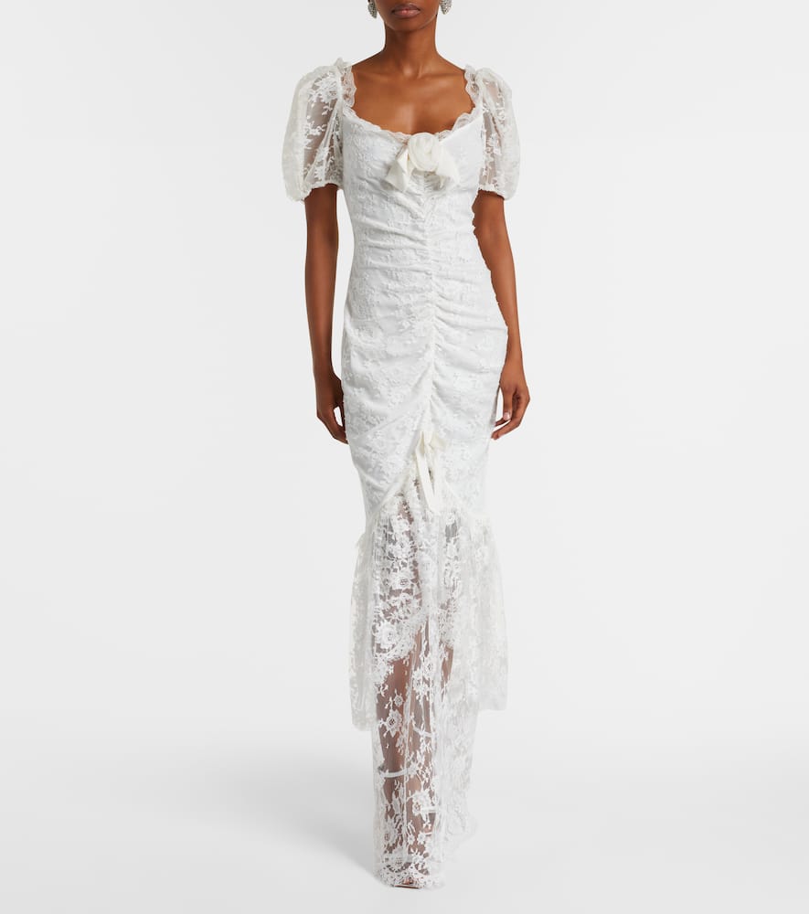 Alessandra Rich Bow-detail Ruched Lace Gown In White