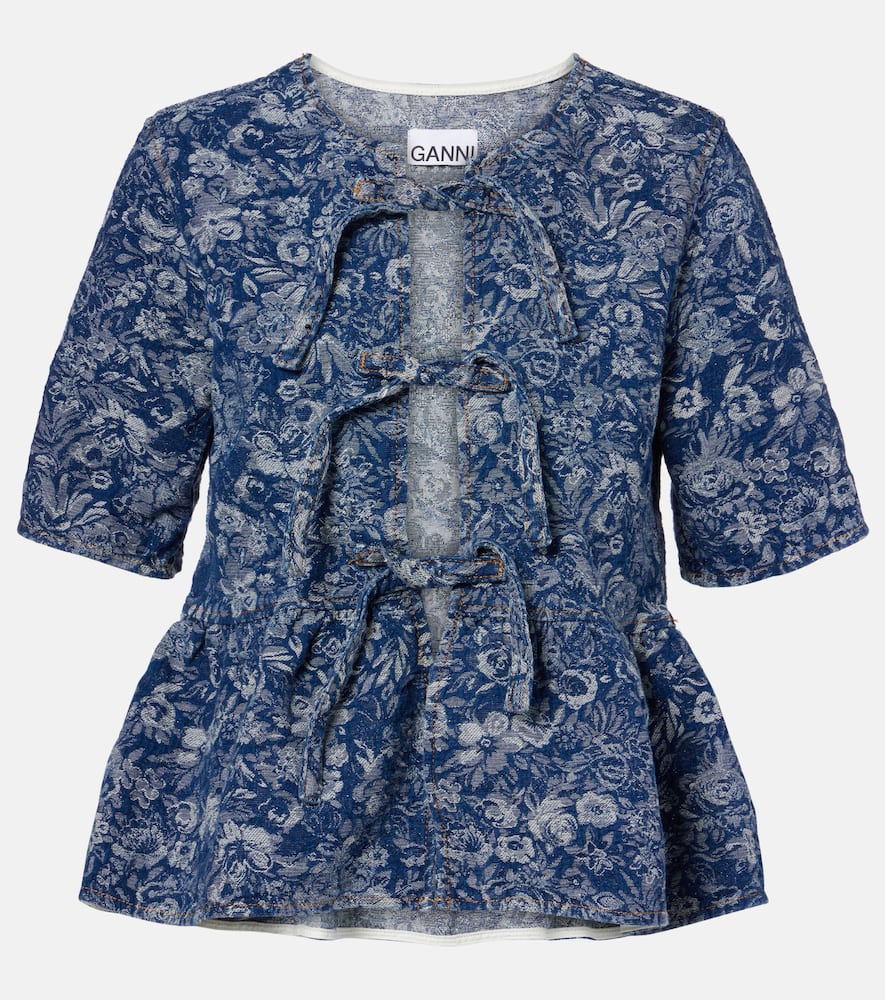Ganni Tapestry Denim Peplum Blouse Mid Blue Stone In Blue