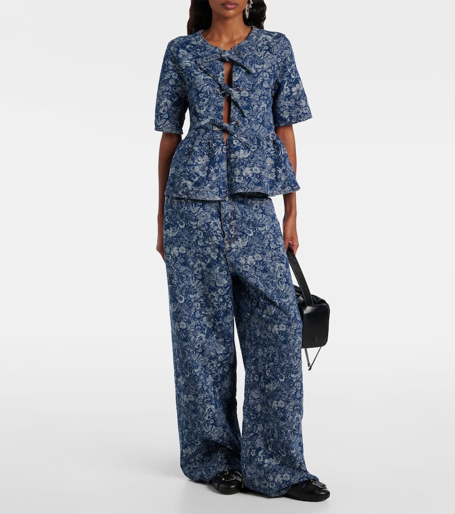 Ganni Tapestry Denim Peplum Blouse Mid Blue Stone In Blue