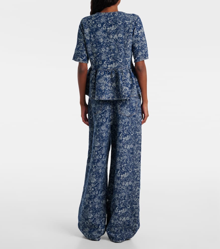 Ganni Tapestry Denim Peplum Blouse Mid Blue Stone In Blue