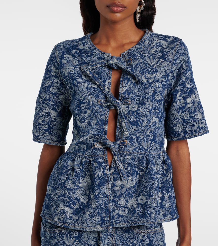 Ganni Tapestry Denim Peplum Blouse Mid Blue Stone In Blue
