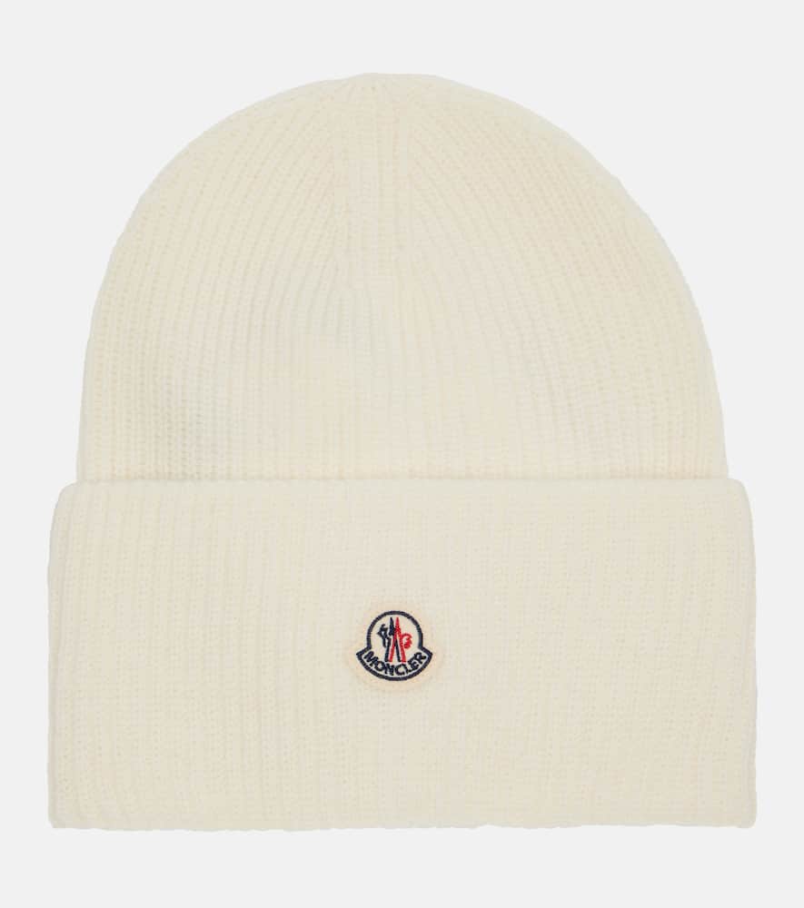 Moncler Ribbed Knit Wool Beanie With Felt Logo Patch In White