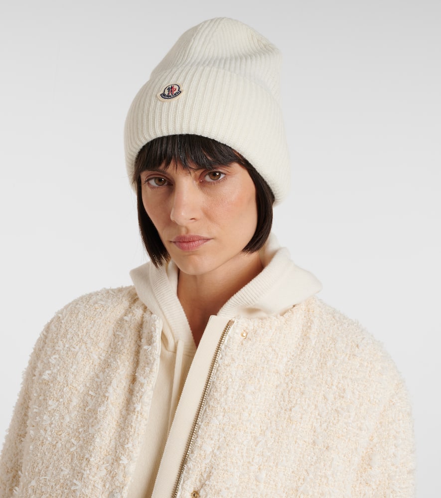 Moncler Ribbed Knit Wool Beanie With Felt Logo Patch In White