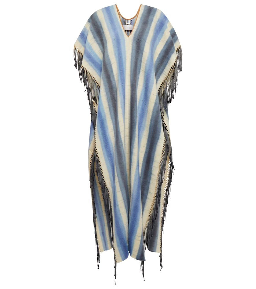 Chloé Leather-trimmed Fringed Striped Cashmere And Silk-blend Poncho In Blue-beige 1