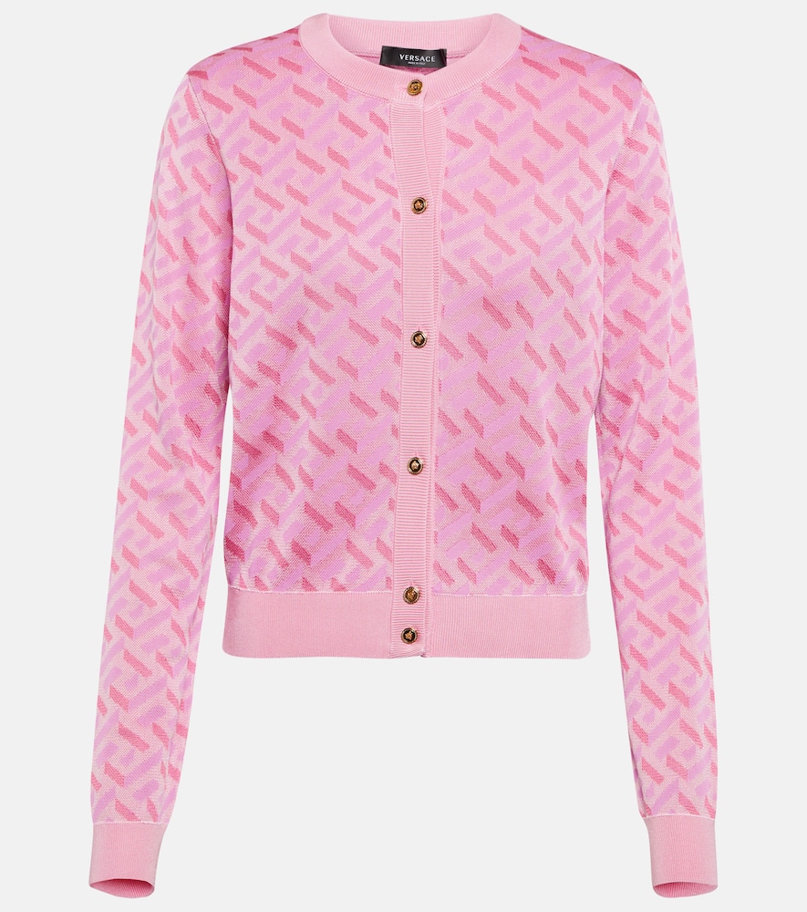Versace La Greca Jacquard Short-sleeve Sweater In Pink+fuxia
