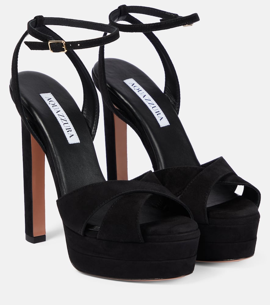 Aquazzura Be Mine Plateau 130 Crystal-embellished Grosgrain-trimmed Pleated Chiffon Platform Sandals In Black