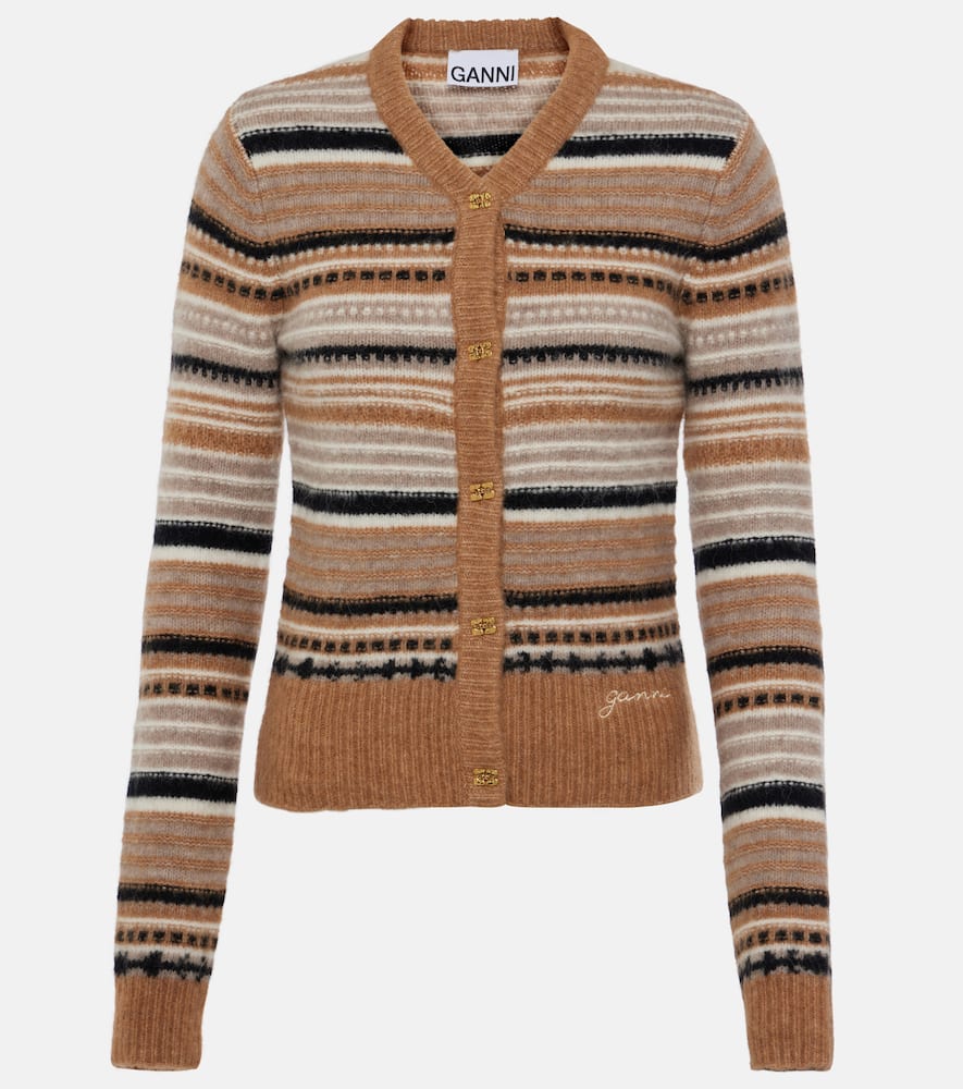 Ganni Striped Soft Alpaca Blend Cardigan In Brown