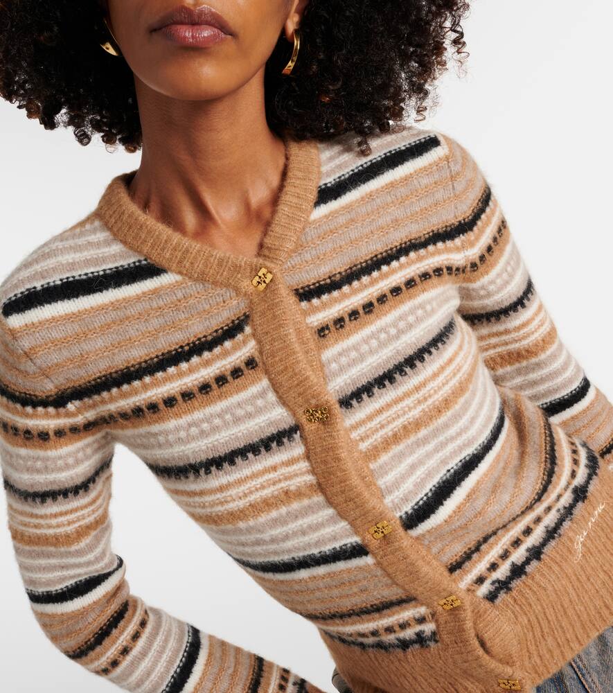 Ganni Striped Soft Alpaca Blend Cardigan In Brown